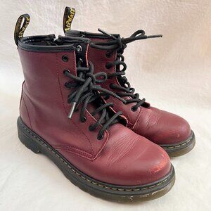 Dr Martens boots 1460 J cherry red leather lace up side zipper youth 3 kids docs